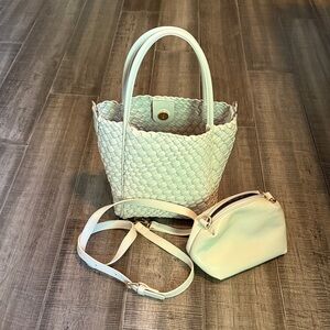 Anthropologie Ivory Woven Tote with Pouch